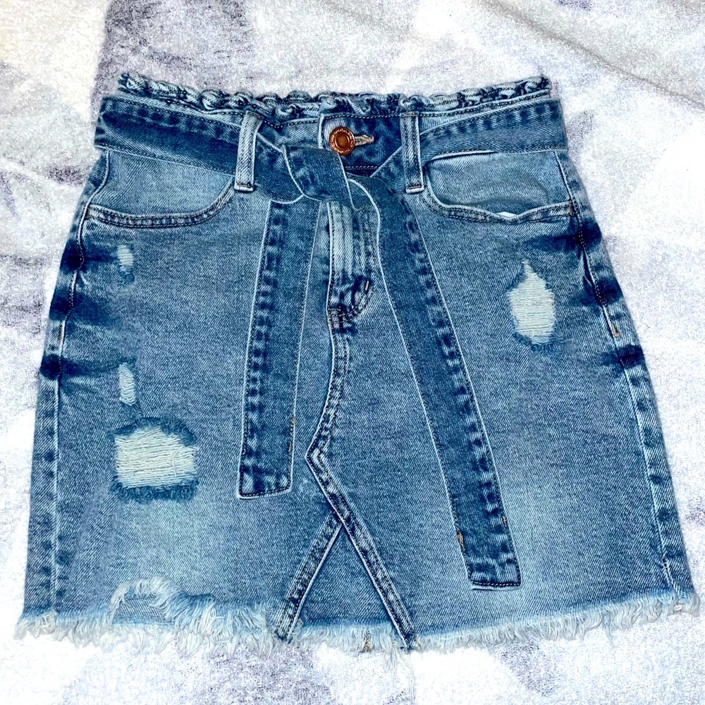 SO GOODS FOR LIFE- DENIM MINI SKIRT- DISTRESSED W/ FRAYED EDGES